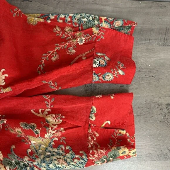 Tianello Womens Top Blouse Sz L Suzy Button Up Red Boho Floral Rayon USA Artsy - Picture 7 of 12